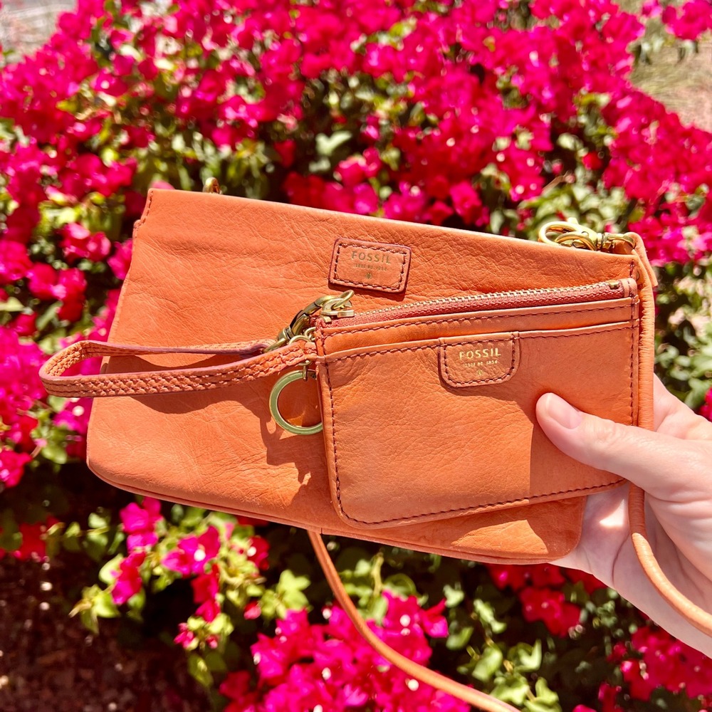 Fossil Terracotta Leather Crossbody Bag and Matching Card Case Set Boho EUC